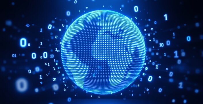 Digital globe formed by glowing blue dots surrounded by binary code, representing global data and technology concept on dark blue background. Ai generative