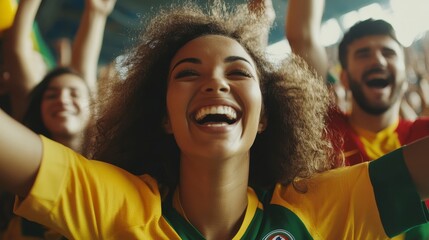Excited woman cheering with fans at a sporting event, arms raised, laughing.