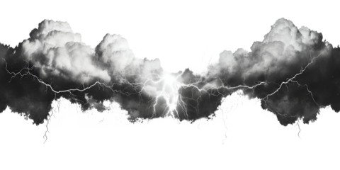 Dramatic white cumulus clouds with jagged lightning strike isolated on transparent background
