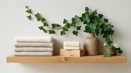 A wooden shelf neatly holding fabric wipes and adorned with trailing ivy decor, creating a natural, organized display.
