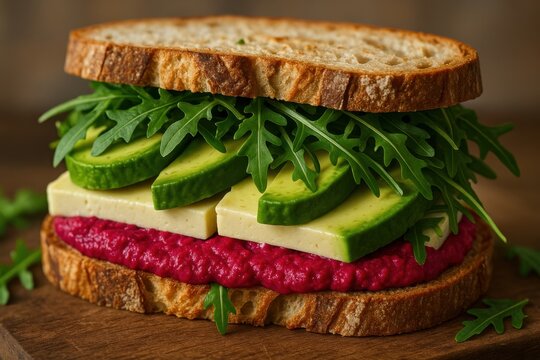 Gourmet plant-based sandwich creation with beetroot hummus and fresh vegetables for healthy eating and vegan lifestyle culinary photography