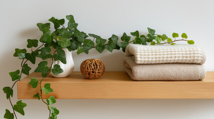 A wooden shelf neatly holding fabric wipes and adorned with trailing ivy decor, creating a natural, organized display.
