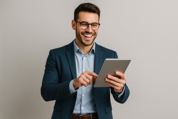 Happy Young Professional Using Digital Tablet Technology Business Success Modern Lifestyle