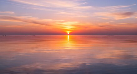 Fototapeta premium Stunning sunset over calm water, golden sun reflecting, serene sky, peaceful horizon