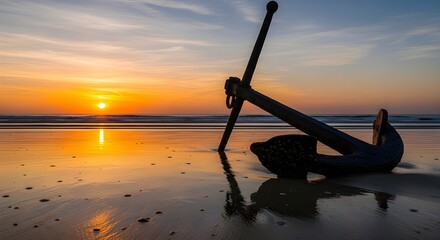 Old anchor on beach at stunning sunset with golden reflection on wet sand and ocean waves