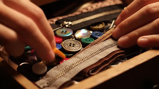 Detailed shot of hands carefully selecting an assortment of vibrant buttons and fasteners from a vintage wooden box, perfect for creative sewing projects and repairs