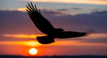 Majestic eagle soars through vibrant sunset sky, symbolizing freedom and power.