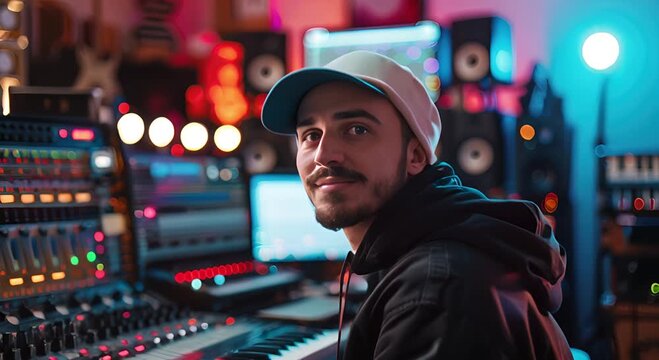 Young Music Producer in Recording Studio with Neon Lights