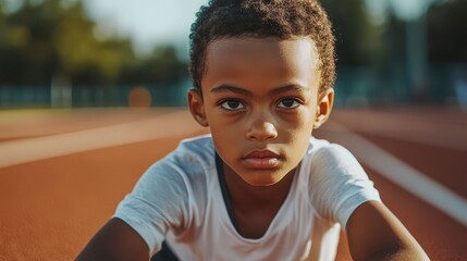 Focused young boy athlete on running track.