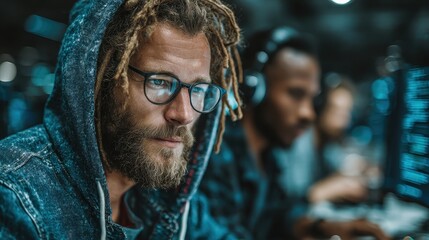 Group of diverse software developers working on computers at night, writing code in a cyber security center or dark office