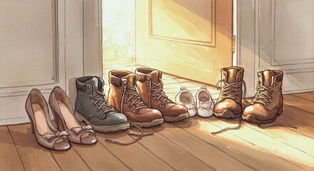 Warm sunlight streams across wooden flooring where shoes lined up in entryway await amidst loose brushstrokes and muted earthy tones