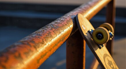 Warm light dances across a skateboard resting near stair rail, accentuating worn metal textures and vibrant deck graphics