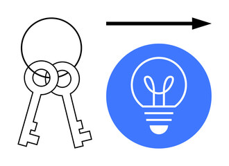Two overlapping keys with forward black arrow pointing to a blue circle containing a light bulb. Ideal for innovation, problem-solving, progress, ideas, strategy, solutions, and simple landing page