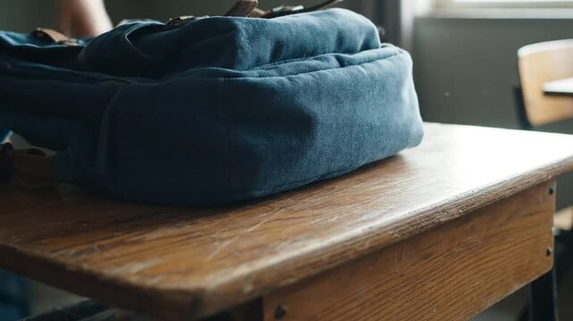 Close-up of a blue backpack resting on a worn wooden school desk, evoking a sense of nostalgia for academic life