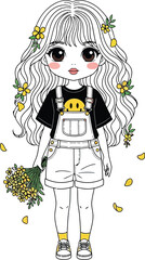 Cute cartoon girl with flowers in her hair and holding a bouquet of yellow flowers