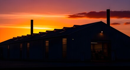 Obraz premium Industrial building silhouetted against a vibrant sunset sky with warm orange and purple hues