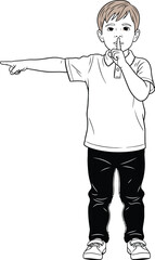 Young boy gesturing silence and pointing to the left in a cartoon illustration