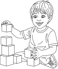 Little boy happily playing with building blocks in a line art illustration
