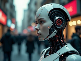 A highly detailed humanoid robot stands in a busy city street, highlighting futuristic AI advancements.