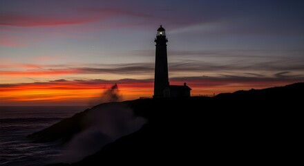 Dramatic lighthouse silhouette against vibrant sunset over crashing ocean waves