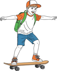 Joyful boy with backpack skateboarding arms outstretched for balance and fun ride