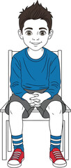Young boy sitting on a chair wearing sneakers and a blue shirt illustration