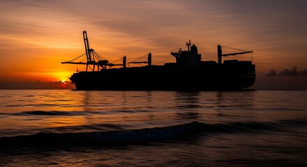 Obraz premium Majestic container ship silhouette against a vibrant sunset over ocean waves, symbolizing global trade