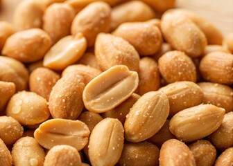 Macro shot of salted peeled peanuts with warm bright lighting, highlighting texture, crunch and natural color in high resolution 