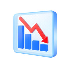 3D Rendered Bar Graph Showing a Downward Trend with a Red Arrow Indicating Loss