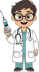 Cartoon doctor holding a syringe with medicine in a white coat and stethoscope