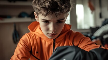 Pensive boy in orange jacket, indoors.