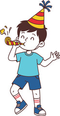 Cheerful boy wearing a party hat blowing a noisemaker at a fun celebration event