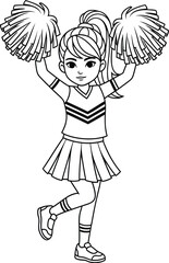 Line art of a cheerleader with pom poms in a dynamic pose ready to cheer