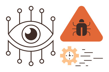 Eye with connected circuits suggests surveillance, triangle with a bug indicates warning against malware, gear with clock and motion lines represents time efficiency. Ideal for cybersecurity
