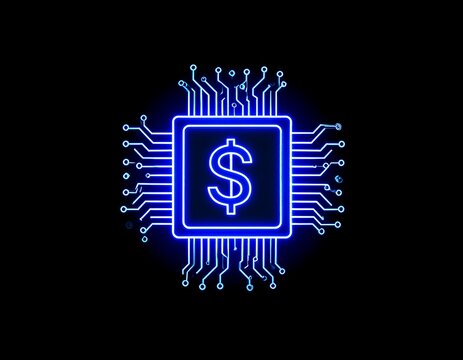 Neon blue dollar sign inside a glowing circuit board