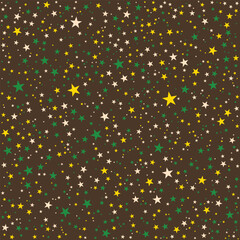 Gingerbread Star Christmas Pattern. Dark Brown Background with Bisque, Gold, and Forest Green for Cozy Holiday Craft Designs