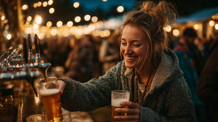 Young woman smiling while pouring draft beer at evening festival  