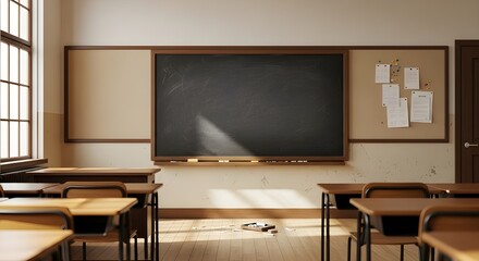 Sunlit empty classroom with desks and chalkboard ready for learning and inspiration