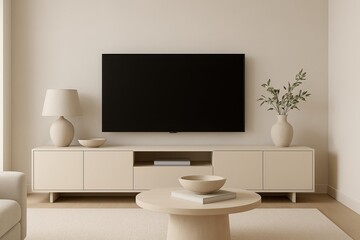 Minimalist cream-colored living room design with contemporary TV cabinet and clean aesthetic for modern home interior and furniture design inspiration