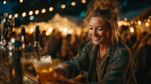 Young woman smiling while pouring draft beer at festive outdoor bar   - Powered by Adobe