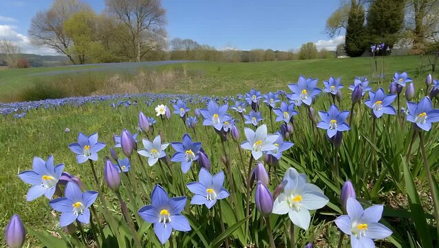 cinematic 4k ultra hd footage of bright blue siberian squill flowers blooming a spring meadow creating a colorful vibrant scene symbolizing renewal nature beauty seasonal awakening delicate floral