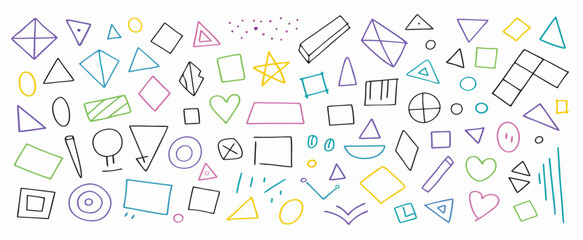 Hand-Drawn Geometric Shapes Background: Colorful Triangles, Squares, Circles Pattern