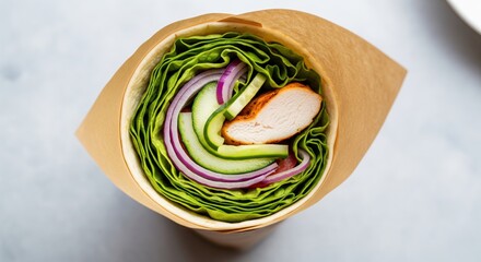 Healthy chicken salad wrap, top view. A fresh takeaway lunch in a paper cone. Tortilla with chicken, lettuce, and cucumber for a nutritious, low-carb diet. Flat lay on a stone background.