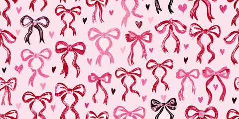 Pink & Red Bows Seamless Pattern: Watercolor Hearts Background