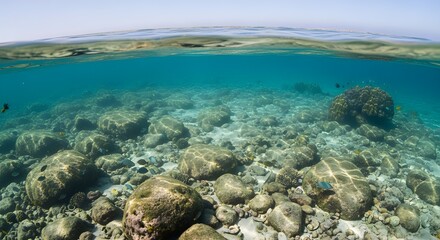 Fototapeta premium Vibrant underwater world teeming with colorful fish among rocks and coral under clear blue ocean water