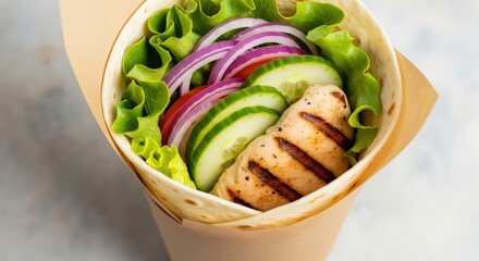  Fresh grilled chicken wrap with salad. Healthy takeaway lunch or street food in a paper cone. Tortilla with chicken, lettuce, cucumber, and onion for a nutritious diet meal. Close-up.