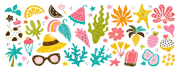 Summer Fruit, Flowers & Tropical Leaves Clipart Set