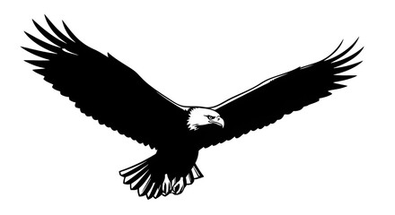 Obraz premium Majestic bald eagle soaring with wings spread wide against a clean white background