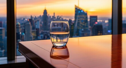 Clear glass of water half full on polished wooden desk with natural light from large window creating calm minimalist composition ideal for lifestyle or wellness concepts
