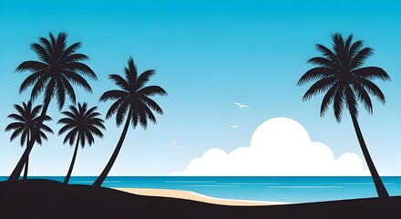 Fototapeta premium Serene tropical beach paradise with silhouetted palm trees and clear blue ocean waves